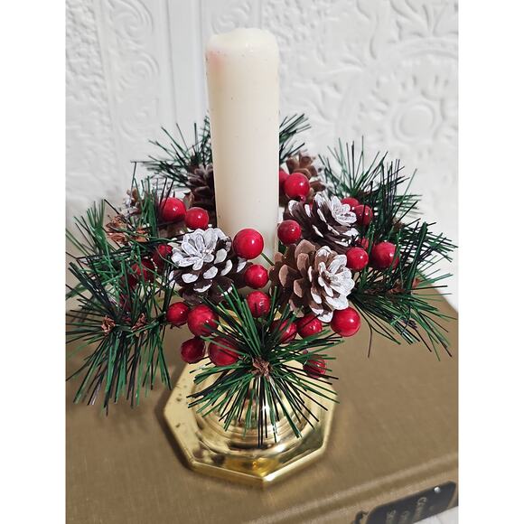 Christmas Candle Ring Faux Wreath Pinecone Red Berries Ralph Lauren Christmas - Picture 3 of 8